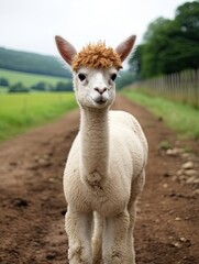 Obraz premium Nature's Cuteness: Baby Alpaca Cria Frolics amidst Farm Animals