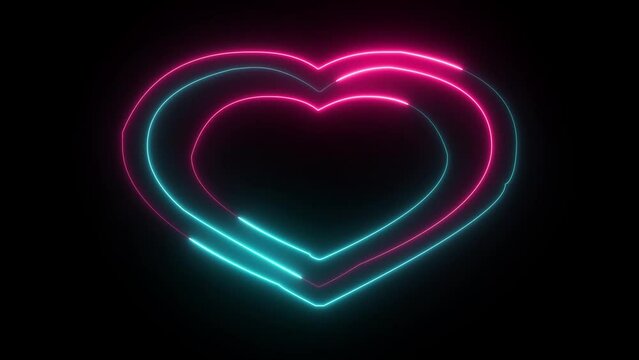 Glowing love icon. Neon 3d heart shape on black background. Love emotion Valentine's Day celebration. Romantic silhouette, love target, passion. Icon , sign, symbol and vector illustration.