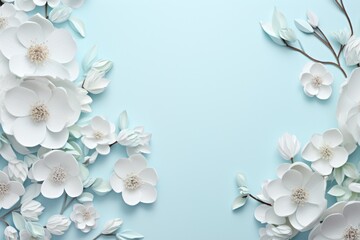 bright white spring floral frame of blossoms, spring flowers on a blue background