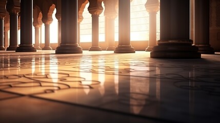 3d rendering of a marble floor with columns and arches.