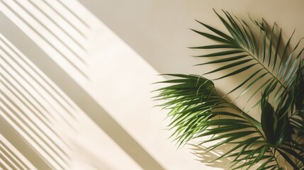 Tropical leaves shadow shade reflected on minimal wall background