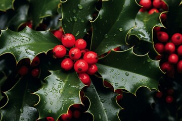Holly leaves and red berries. Christmas and New Year background.