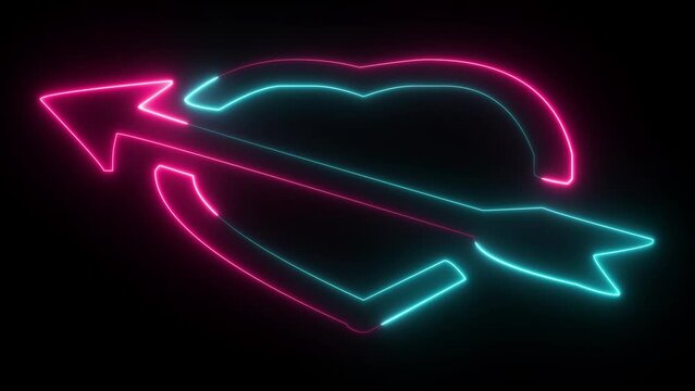 Glowing neon love icon with cupid arrow sign. Signboard isolated on transparent background. Glowing romantic symbols. Decorative vintage icon.