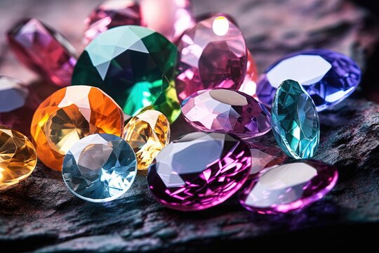 Jewel on black shine color, Collection of many different natural gemstones amethyst, lapis lazuli, rose quartz, citrine, ruby, amazonite, moonstone, labradorite, chalcedony, blue topaz