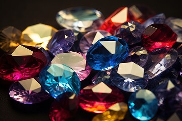 Jewel on black shine color, Collection of many different natural gemstones amethyst, lapis lazuli, rose quartz, citrine, ruby, amazonite, moonstone, labradorite, chalcedony, blue topaz