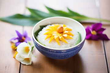 Obraz na płótnie Canvas mango sticky rice with edible flower decoration