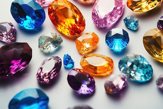Jewel on black shine color, Collection of many different natural gemstones amethyst, lapis lazuli, rose quartz, citrine, ruby, amazonite, moonstone, labradorite, chalcedony, blue topaz
