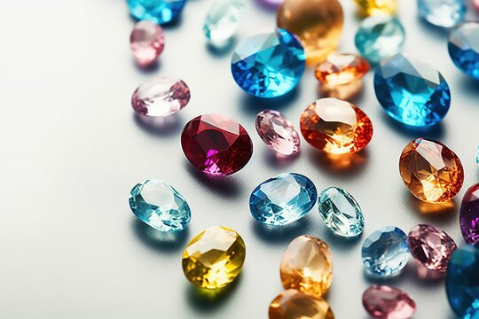 Jewel on black shine color, Collection of many different natural gemstones amethyst, lapis lazuli, rose quartz, citrine, ruby, amazonite, moonstone, labradorite, chalcedony, blue topaz