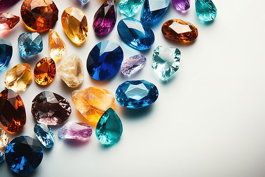 Jewel on black shine color, Collection of many different natural gemstones amethyst, lapis lazuli, rose quartz, citrine, ruby, amazonite, moonstone, labradorite, chalcedony, blue topaz