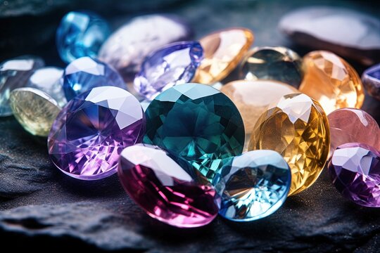Jewel on black shine color, Collection of many different natural gemstones amethyst, lapis lazuli, rose quartz, citrine, ruby, amazonite, moonstone, labradorite, chalcedony, blue topaz