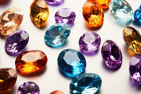 Jewel on black shine color, Collection of many different natural gemstones amethyst, lapis lazuli, rose quartz, citrine, ruby, amazonite, moonstone, labradorite, chalcedony, blue topaz