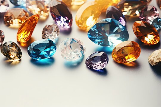 Jewel on black shine color, Collection of many different natural gemstones amethyst, lapis lazuli, rose quartz, citrine, ruby, amazonite, moonstone, labradorite, chalcedony, blue topaz