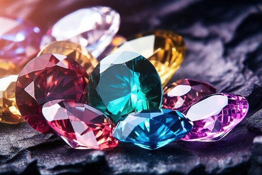 Jewel on black shine color, Collection of many different natural gemstones amethyst, lapis lazuli, rose quartz, citrine, ruby, amazonite, moonstone, labradorite, chalcedony, blue topaz