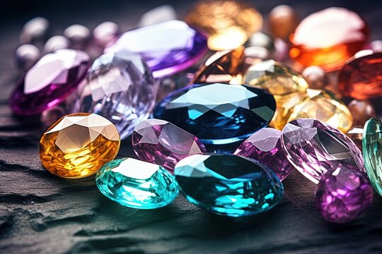 Jewel on black shine color, Collection of many different natural gemstones amethyst, lapis lazuli, rose quartz, citrine, ruby, amazonite, moonstone, labradorite, chalcedony, blue topaz