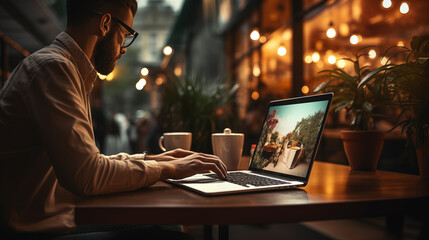 Close-up of a cup of coffee on the table against the background of a man working remotely on his laptop in a cafe - obrazy, fototapety, plakaty