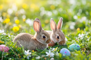 Fototapeta na wymiar Easter bunnies, colorful eggs, and joyful springtime festivities. Happy Easter