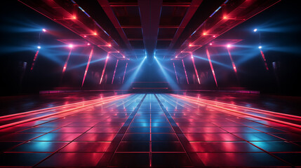 Empty night club stage illuminated with red and blue spotlights