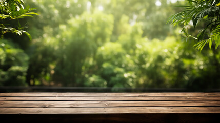 Empty wooden table with jungle, out of focus nature behind, space to place brand, product or advertising