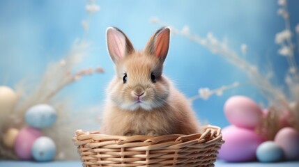 A cute little rabbit in a wicker basket on a delicate blue background with colorful eggs. Easter, spring, holiday concepts. - Powered by Adobe