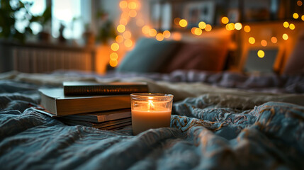 Home decor of a light cozy bedroom interior with a burning scented candle and books and magazines on the bedside table on a blurred bed background. Relaxation and comfort concept