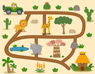 Safari maze game for children with cute animals illustration. Kids labyrinth puzzle. Maze activity sheet for children.