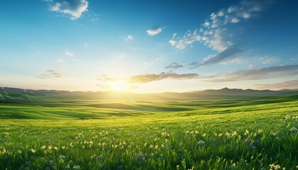 Sunrise Landscape. Serene Countryside with Rolling Hills, Rustic Farmhouse, and Clear Morning Sky