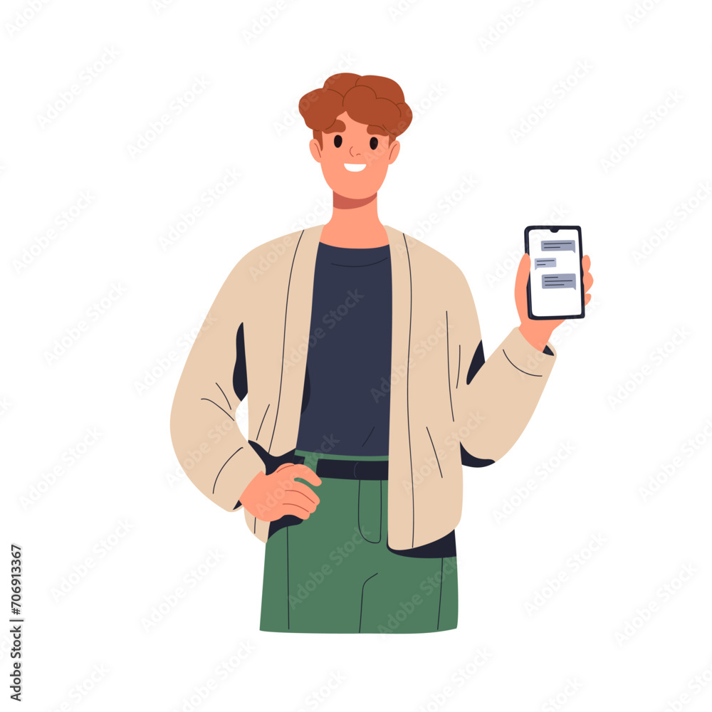 Poster happy man showing mobile phone screen with messages, online chat. male character holding smartphone 