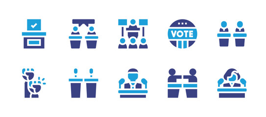 Democracy icon set. Duotone color. Vector illustration. Containing debate, vote, voting box, meeting, activism, candidate.
