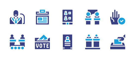Democracy icon set. Duotone color. Vector illustration. Containing politician, vote, ballot box, debate, campaign, voting.