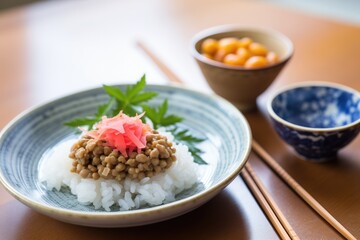 natto on a small plate with a side of pickled radish