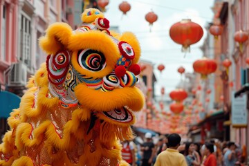 lion dance in china town celebrate lunar new year