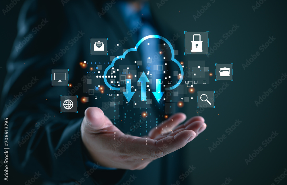 Aufkleber Businessman showing virtual glowing cloud computing to download and loading data information and upload on system network application. Technology data transformation concept, data transfer.