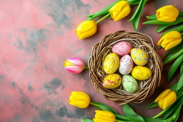 Fototapeta na wymiar Easter eggs in basket on colored table with yellow Tulips. background top view. Happy Easter