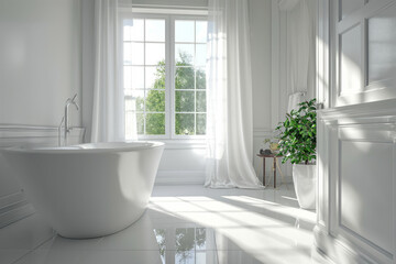 Interior design of bathroom with natural light in white shades of colours in frontal perspective. Quiet luxury style