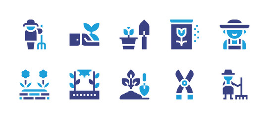 Gardening icon set. Duotone color. Vector illustration. Containing gardening, gardener, garden, sprout, crops, seed, secateurs.