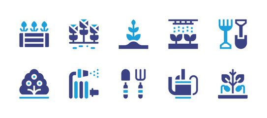 Gardening icon set. Duotone color. Vector illustration. Containing flowers, gardening tools, plant, bush, sprout, shovel, gardening, irrigation system, watering can.
