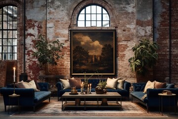 Fototapeta na wymiar Dark blue loft style living room with urban industrial elements and minimalist furniture