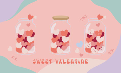 Hand drawn flat illustration of love heart shape paper letter in a jar. Valentine's day, birthday, wedding concept. For poster, card, scrapbooking , tag, invitation, headboard, sticker