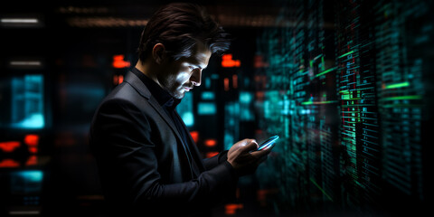 Businessman making presentation to colleagues in front of graphs information on screen