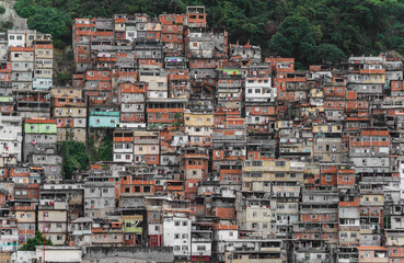 Colorful Favela on Steep Hillside Overlooking Brazilian Jungle
