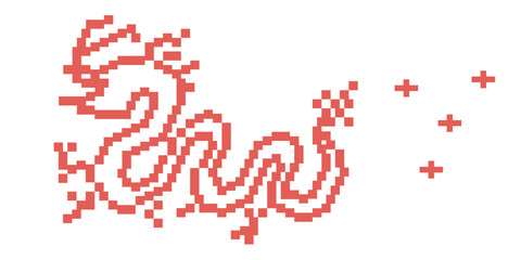 Art Chinese Red Dragon Illustration in 8 Bits, Pixel Art.
