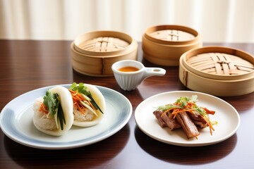 peking duck with steamed buns on side