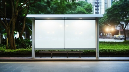 Blank billboard mock up in a bus stop in a city. Urban light box inside advertisement