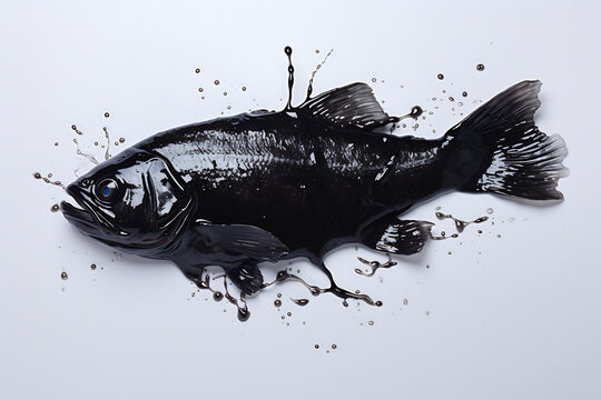 Fish crude oil contamination. Environmental impact concept. AI generative image.