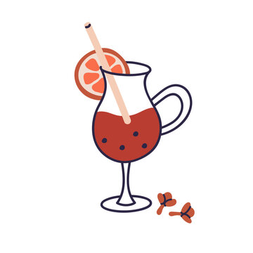 recommend clip art: Mulled wine, hot winter drink in wineglass. Warm Christmas beverage in glass with orange slice, clove and straw. Spiced alcohol, gluhwein. Flat vector illustration isolated on white background