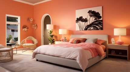 Modern bedroom design. A large bed against a bright orange wall.