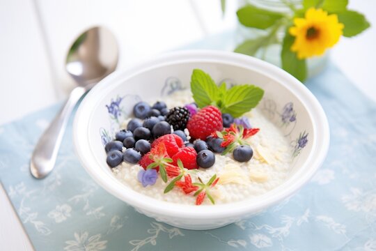 Creamy Vanilla Porridge With Frozen Berries And A Mint Leaf Garnish