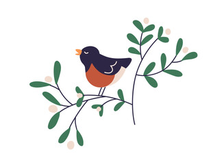 Cute bird on winter berry branch, singing song. Little bullfinch singer on snowberry tree twig with leaves, tweeting birdsongs. Flat vector illustration isolated on white background