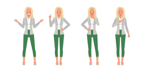 Set of working woman wear white suit color character vector design. Presentation in various action. Businesswoman working in office planning, thinking and economic analysis.