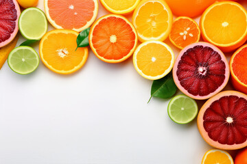 Citrus Symphony: Colorful Array of Oranges, Red Grapefruits, and Green Limes on a Clean White Background - A Vibrant Expression of Healthy Nutrition, Space for Your Text